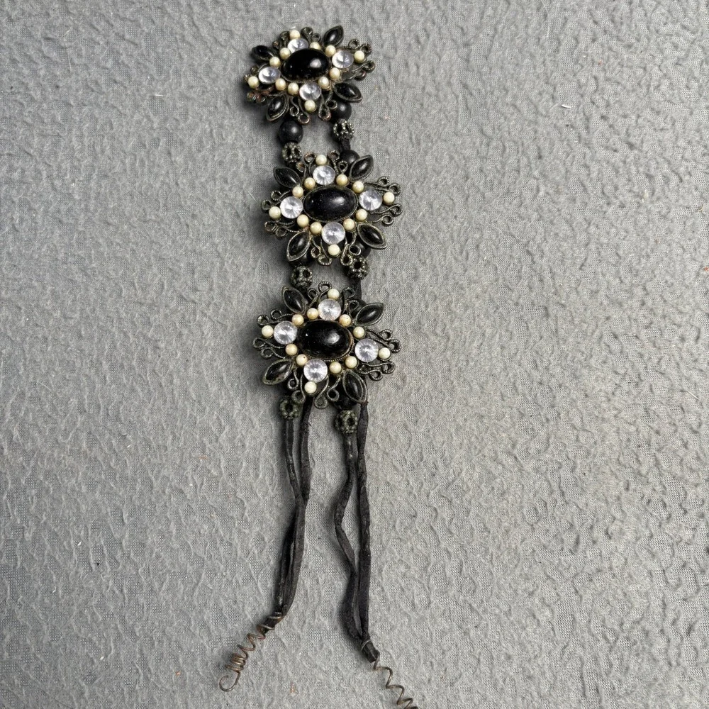 Vintage Floral Medallion Statement Piece Black Rhinestone Faux Pearl Brooch 9.5